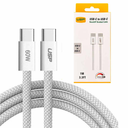 1M BoostUp White USB-C to USB-C PD 60W High Density Braided Fast Charging Cable USP