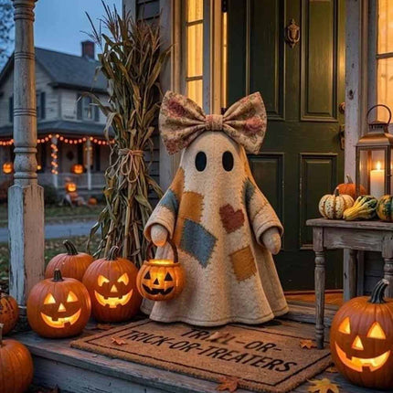 Lighted Patchwork Ghost with Pumpkin Lantern Vintage Halloween Decor 10CM