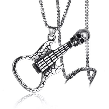 Hip Hop Biker Skull Guitar Pendant Necklace - Stainless Steel Rock Music Style Gift