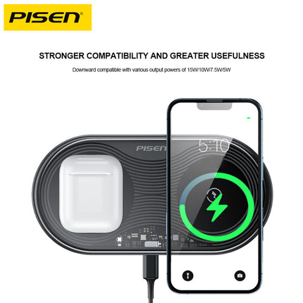 PISEN Transparent 2-in-1 Fast Wireless Charger for iPhone AirPods Apple Watch