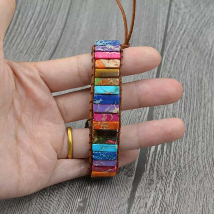 7 Chakra Bracelet Handmade Natural Stone Tube Beads Leather Wrap Women Bangle
