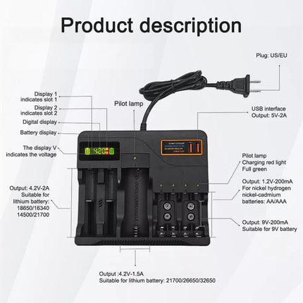 LCD Smart Battery Charger For AAA AA 9V Ni-MH Ni-CD Rechargeable Batteries