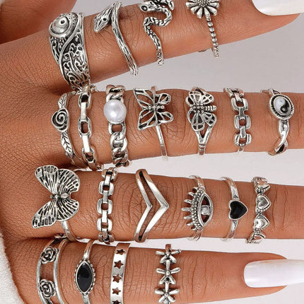 21 Pcs Retro Bohemian Geometric Inlaid Stackable Ring Set, Women’s Gift Jewellery