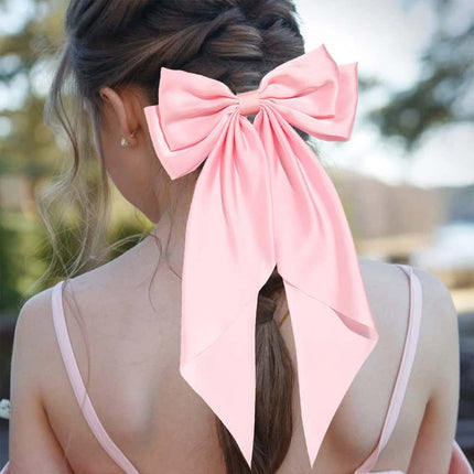 Korean Style Long Satin Bow Hair Clip, Premium Fabric Zinc Alloy Spring Barrette, Elegant Hair Accessory for Women & Girls
