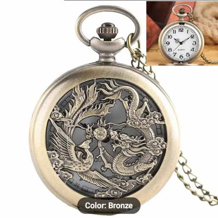 Dragon and phoenix Vintage Quartz Bronze Pocket Watch with Chain