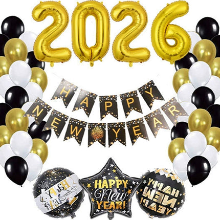 Large Happy New Year 2026 Balloons Set NYE Party Decorations 2026