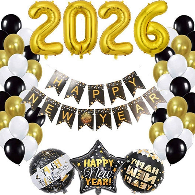 Large Happy New Year 2026 Balloons Set NYE Party Decorations 2026