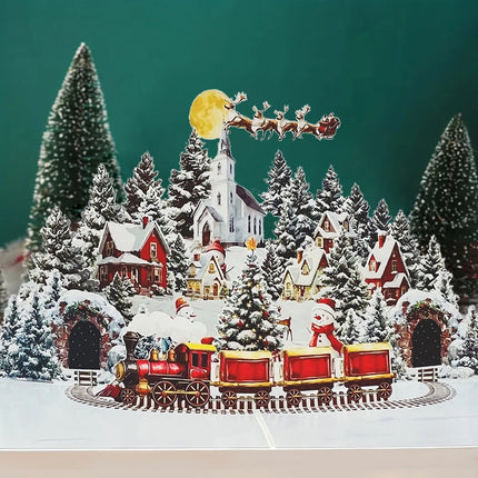Enchanting 3D Pop-Up Christmas Village Greeting Card – Snowman, Reindeer & Festive Fir Trees