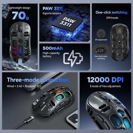 RGB Gaming Mouse, PixArt PAW3311 Sensor, 12000 DPI, 500mAh Battery, BT/2.4G Wireless/Wired Connectivity