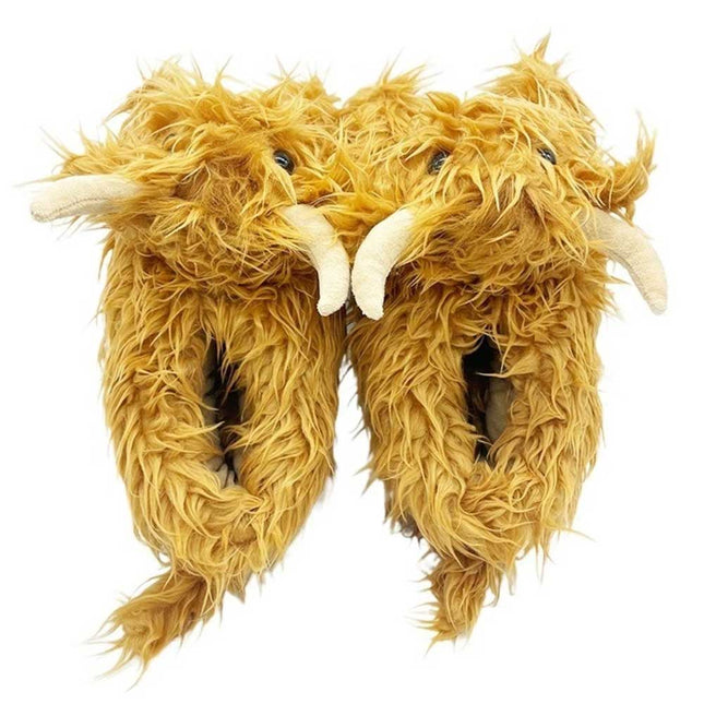Highland Cow Slippers – Novelty Fluffy Plush Warm Animal Slippers (Adult & Kid Sizes)