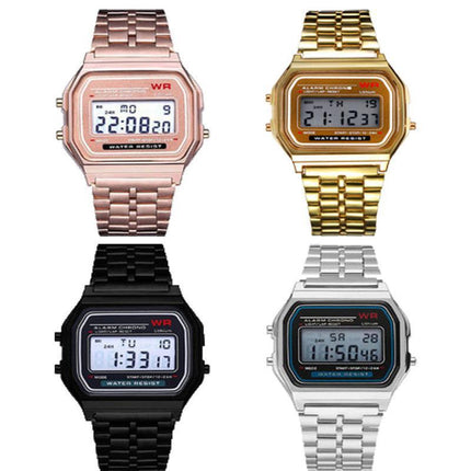 Retro Square LED Electronic Wrist Watch, Steel Metal Band, Harajuku‑Style Multifunctional Digital Watch