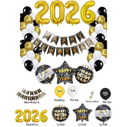Large Happy New Year 2026 Balloons Set NYE Party Decorations 2026