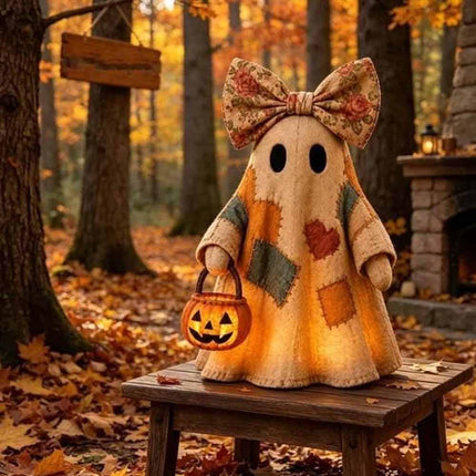 Lighted Patchwork Ghost with Pumpkin Lantern Vintage Halloween Decor 10CM