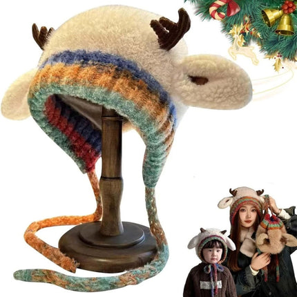 2-in-1 Festive Reindeer Antler Knit Beanie Convertible Hat & Pouch