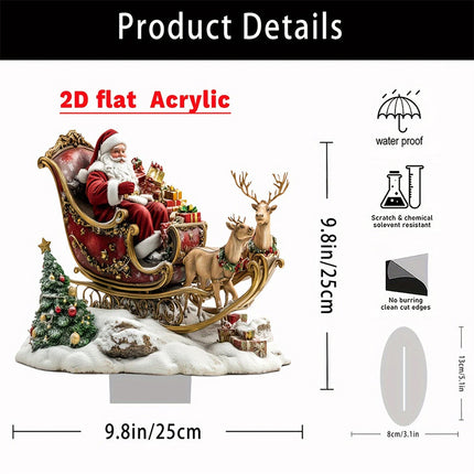 2D Santa Claus & Reindeer Sleigh Ornament, Flat Acrylic Material with Stand for Desktop Decor