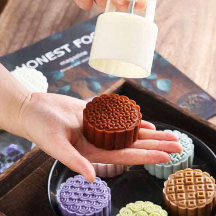 Hand‑Press Mooncake Mold Set with 6 Geometric Pattern Stamps, DIY Baking Tool for Mooncake & Mung Bean Cakes