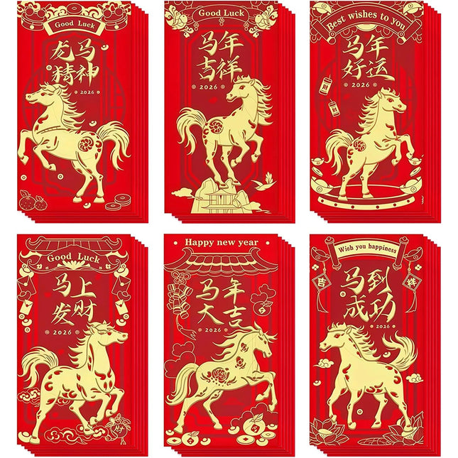 12Pcs Year of The Horse Red Envelopes 2026 – Chinese New Year Lucky Money Envelopes