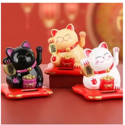 Solar Powered Chinese Maneki Neko Lucky Waving Beckoning Fortune Gift Cat Decor