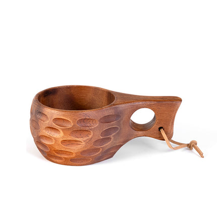Portable Wooden Coffee Mug with Acacia Handle & Cowhide Lanyard Hook