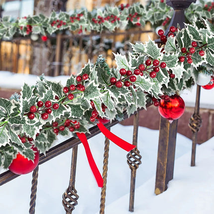 2Pcs 2.2M Holly Leaves Christmas Garland Decor – Artificial Greenery with Fake Red Berries, Perfect for Christmas Holiday Adornment