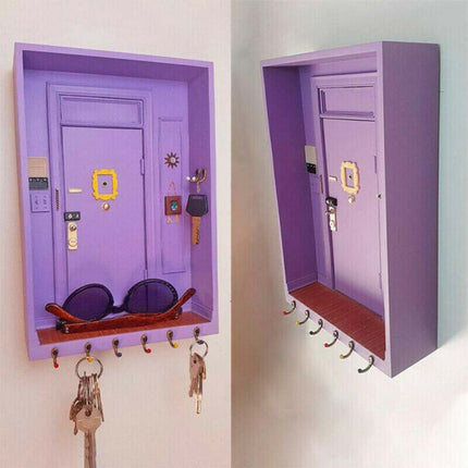 Wooden Purple Door Key Holder Hooks Wall Decor Hanger Entryway Shelf Box