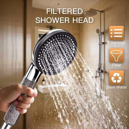 Deluxe 5 IN 1 Filtered Shower Head High Pressure 5 Modes Hard Water Mineral Bead
