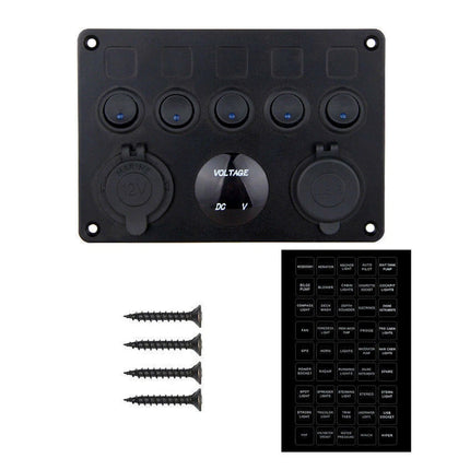5 Gang Campervan RV 12V LED Light Switch Control Panel Voltmeter USB Charger