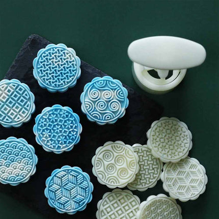 Hand‑Press Mooncake Mold Set with 6 Geometric Pattern Stamps, DIY Baking Tool for Mooncake & Mung Bean Cakes