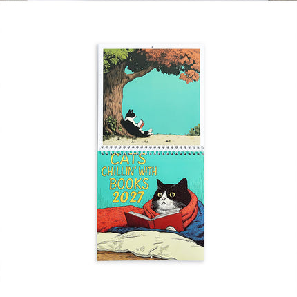 2027 Cats Chillin' with Books Wall Calendar, Cat Art Monthly Planner