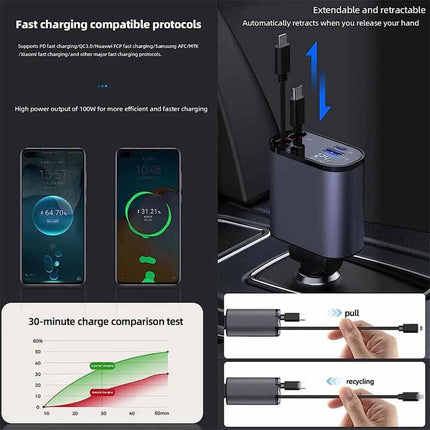 USB Car Charger 4 in 1 Car Charger Adapter Fast Charging with Type C+ For iPhone