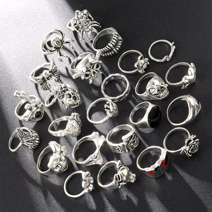 24 Pcs Gothic Skeleton Stackable Ring Set, Punk Grunge Unisex Street‑Style Jewellery Gift