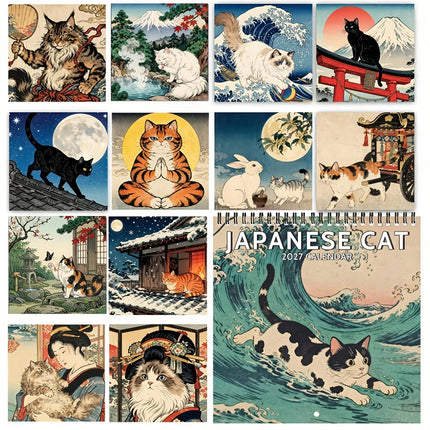 Japanese Cat 2027 Wall Calendar Month to View Hanging Calendar Cat Calendar