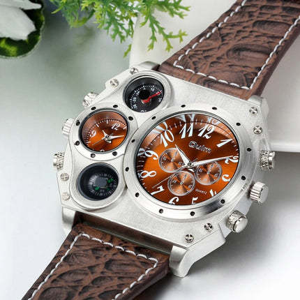 Men Army Sports Fashion Two Time Zones Big Dial Leather Strap Quartz Wrist Watch