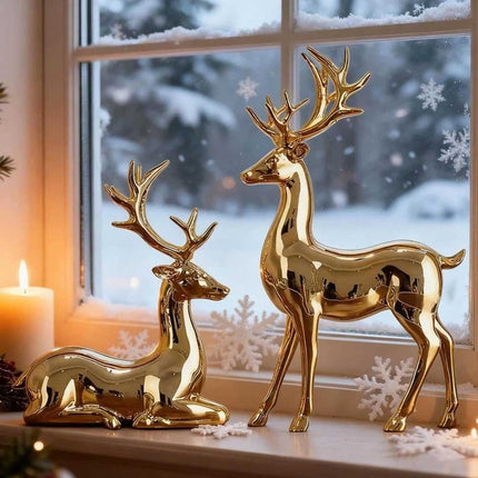 2Pcs Gold Reindeer Christmas Figurines - Indoor Holiday Decor Table Centerpieces