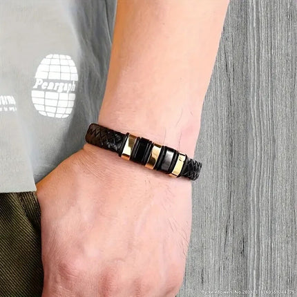 Mens Magnetic Braided Wristband Leather Rope Bracelet Bangle Wrap Black 22 cm