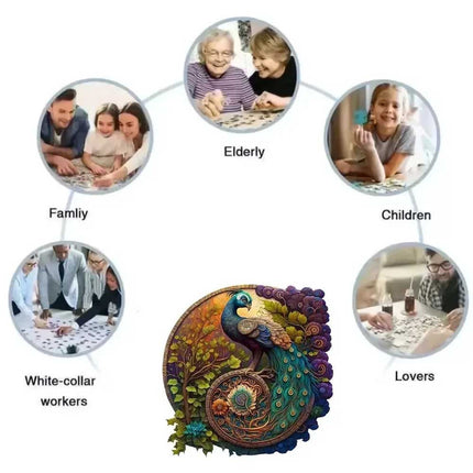 Round Peacock Wooden Jigsaw Puzzle Family Fun & Adult Activity