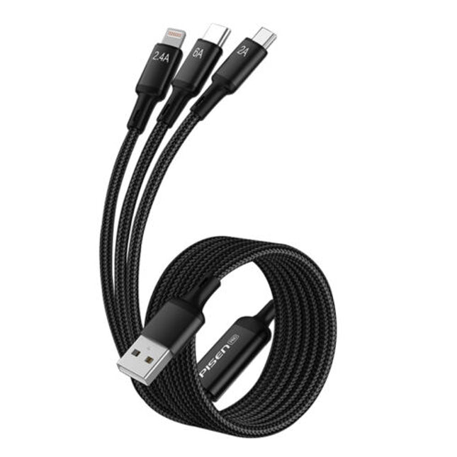 Pisen Three-In-One Aluminum Alloy Braided Data Charging Cable For iPhone Samsung