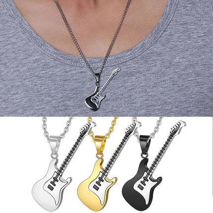 3-Piece Stainless Steel Rock Guitar Music Pendant Necklace Chain – Unisex Jewelry