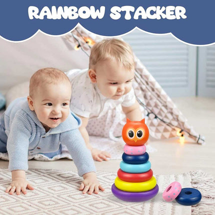 Wooden Owl Tumbler Stacking Rings, Rainbow Spinning Tower