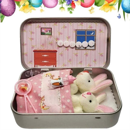 2 Pack Easter Bunny Plush Toys in Tin Box Pocket Hug Ornament Gift