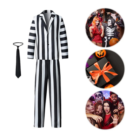 3pcs Set Men Beetlejuice Costume Spooky Halloween Cosplay Costume Adults