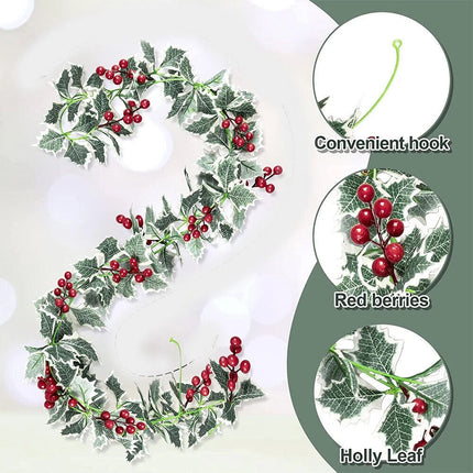 2Pcs 2.2M Holly Leaves Christmas Garland Decor – Artificial Greenery with Fake Red Berries, Perfect for Christmas Holiday Adornment