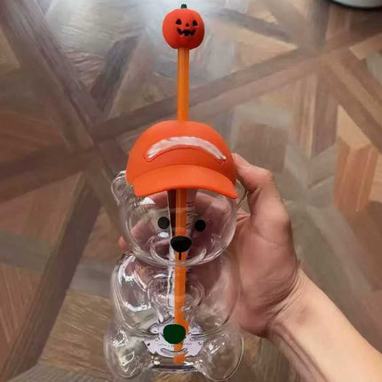 Halloween Bear Drink Cup with Pumpkin Straw Topper, Orange Cap, Collectible Seasonal Drinkware
