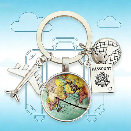 Traveller Keyring with World Globe, Airplane & Passport Charms Ideal Travel Gift for Wanderlust Enthusiasts