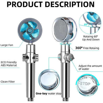 High Pressure Turbo Fan Drive Jet Shower Head - Water Saving with 3 Replacement Filters 360° Rotation