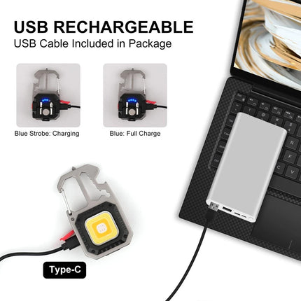 1x  Magnetic COB LED Keychain Torch - USB Rechargeable Mini Work Light for Outdoor and Repair