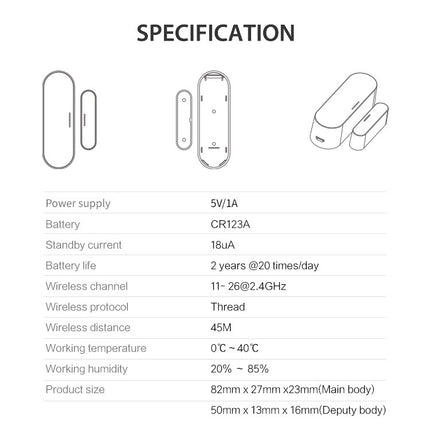 Smart Door Window Sensor, Matter Thread WiFi Magnetic Alarm with Phone Alert
