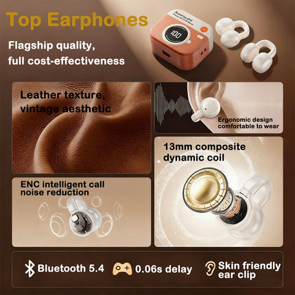 Wireless Clip-On Open Ear Earbuds, Bluetooth Headset Compatible with All Smartphones