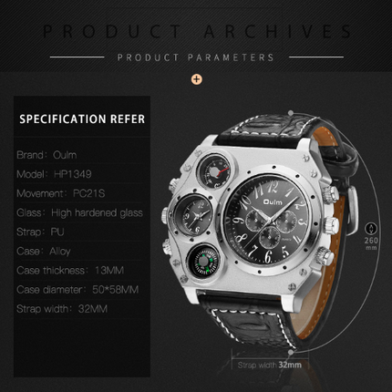 Men Army Sports Fashion Two Time Zones Big Dial Leather Strap Quartz Wrist Watch