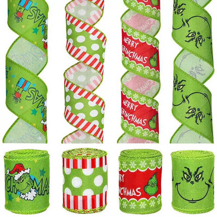 4pcs Grinchs Ribbon Wired 2.5In 4 Roll 20Yards Christmas Ribbon Wreaths Bows DIY